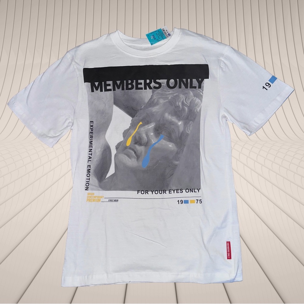 Members Only White Graphic Tee with Artistic Print